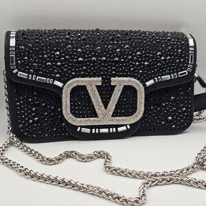 Valentino Garavani Small Locò Rhinestone Shoulder Bag, Lambskin – Made in Italy